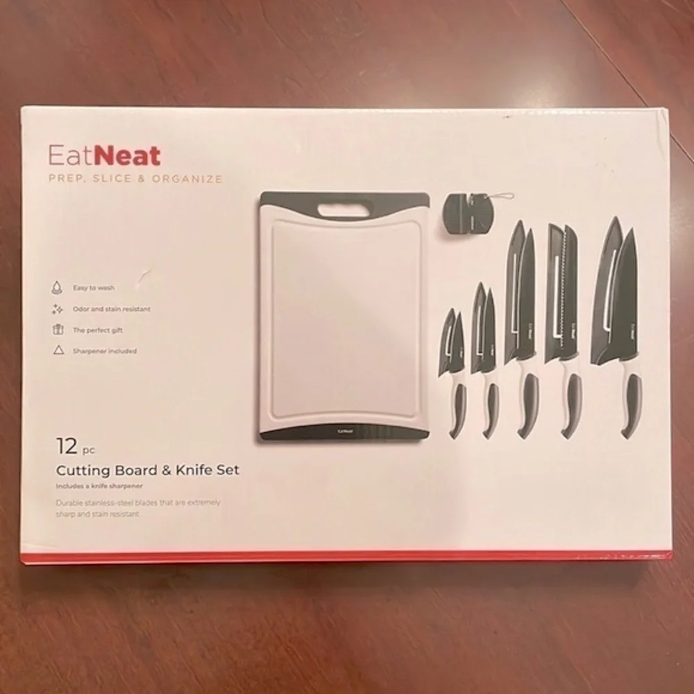 Brand New 12 Piece Kitchen Knife Set Safety Sheaths Cutting Board Sharpener